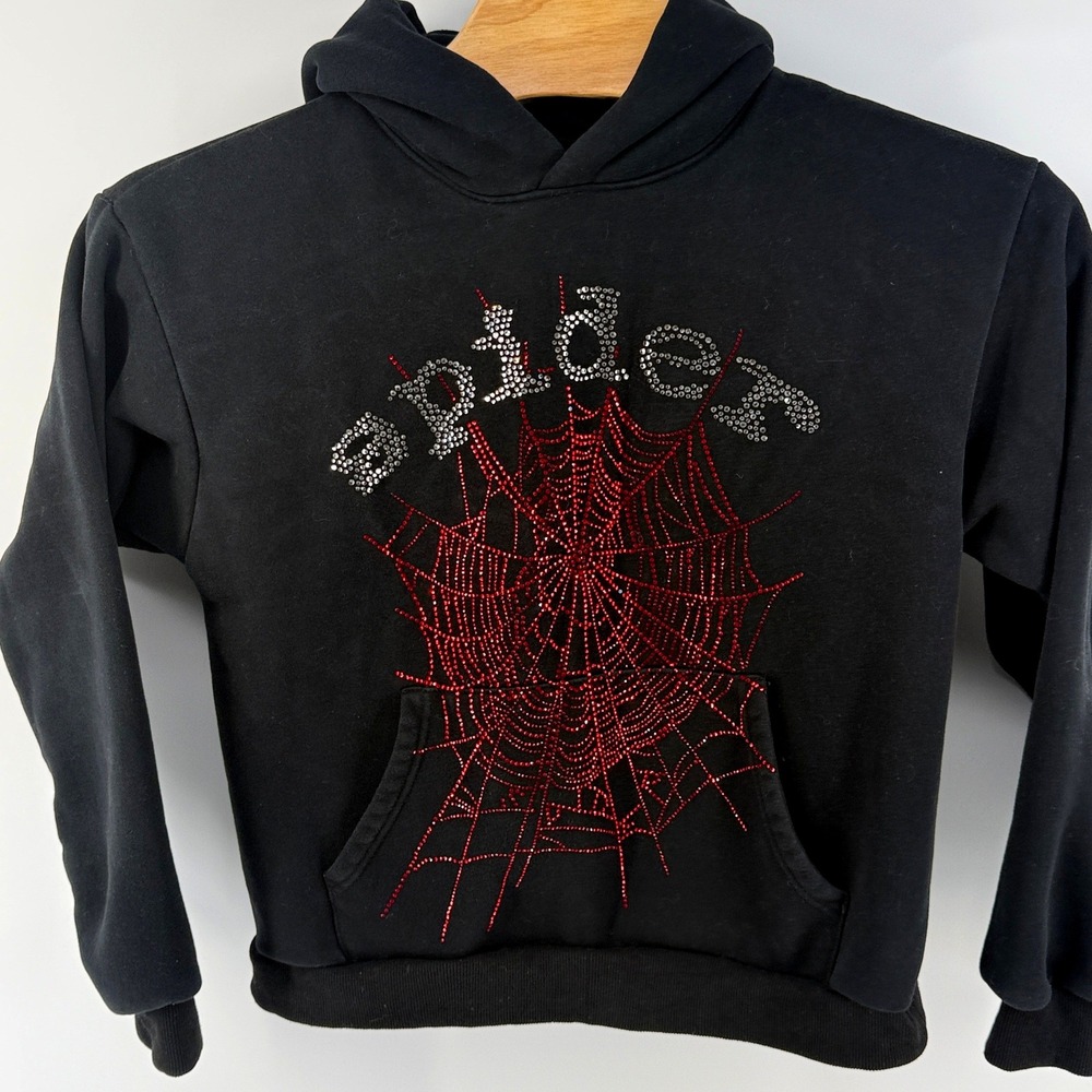 Sp5der Worldwide Black Rhinestone Spider Web Hoodie Mens Size Large Streetwear